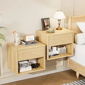 

loating Nightstand Set o 2 luted Nightstands with 1 Der, Oak Night Stand or Bedroom, Wood Bed Side Table, luted Nightstand End T