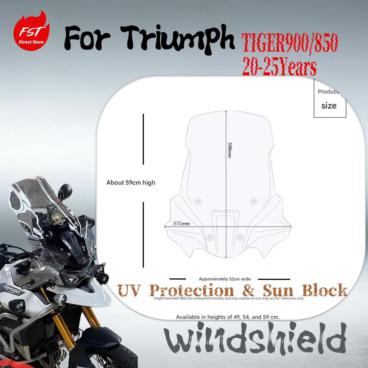 

Dedicated Tall Windscreen for Triumph Tiger 900 GT Pro / Rally Pro 2020-2025, OEM Mount, Stable & Durable