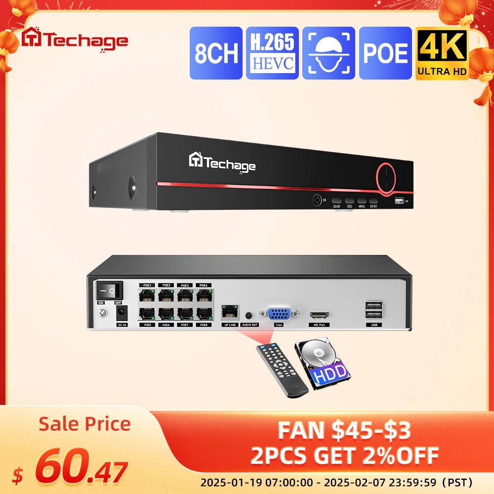 Techage H.265 8CH 4K 2K POE NVR Security Surveillance Network Video Recorder Up to 16CH For CCTV System POE IP Camera Recorder