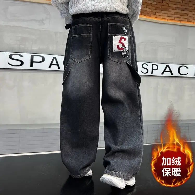 

Детские флисовые джинсы с толстыми боковыми ремешками, осенне-зимние новые красивые широкие брюки, свободные прямые брюки для детей-подростков