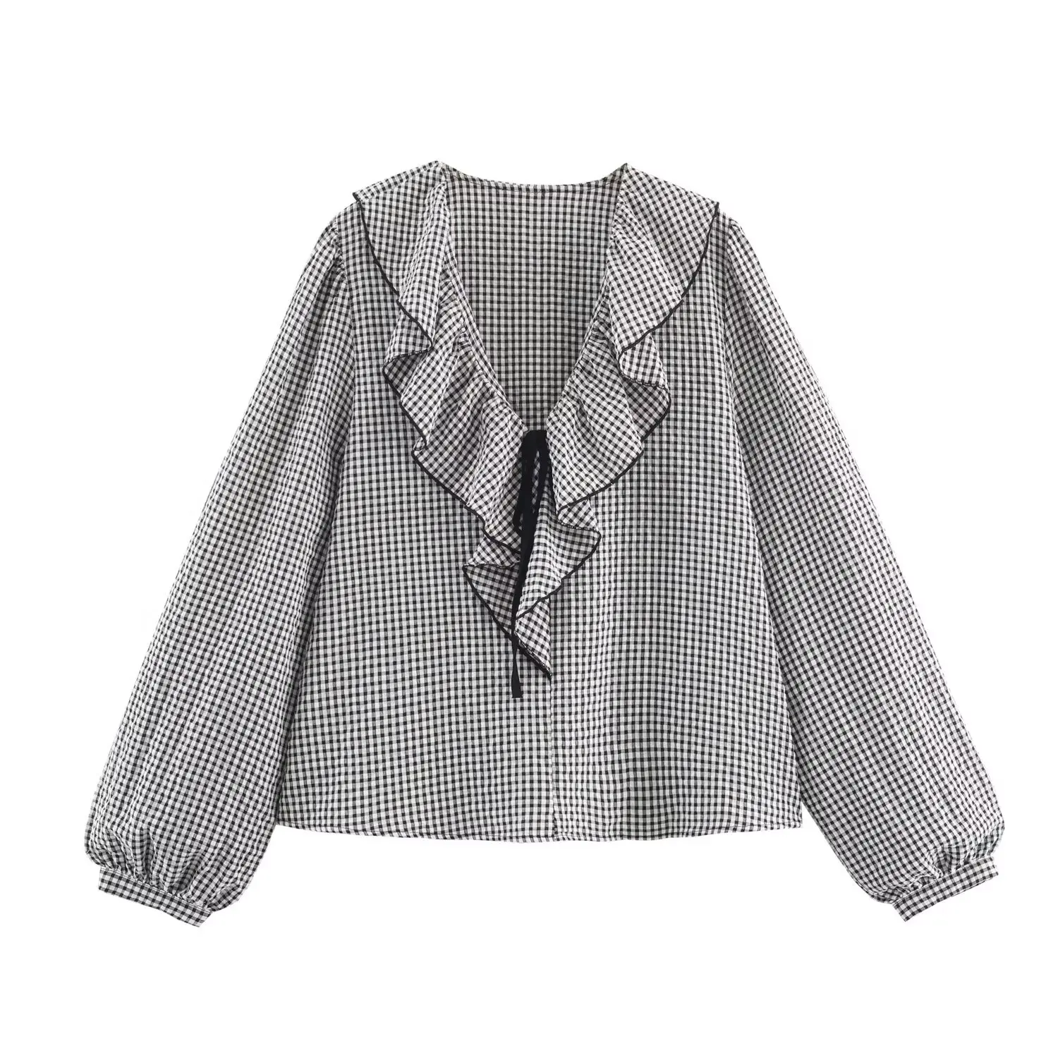 قميص منقوش بفيونكة من BSAY ملابس نسائية لخريف 2025 جديد فرنسي بياقة على شكل حرف v وأكمام طويلة بلوزات فضفاضة مكشكشة حلوة ملابس علوية أنيقة للسيدات #4