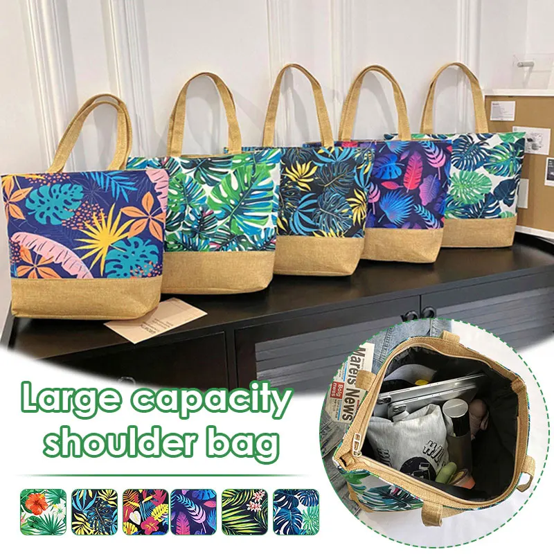 Messenger Bag das mulheres folhas impressas bolsas de lona grande capacidade Totes moda feminina Zipper portátil Beach Shoulder Bag