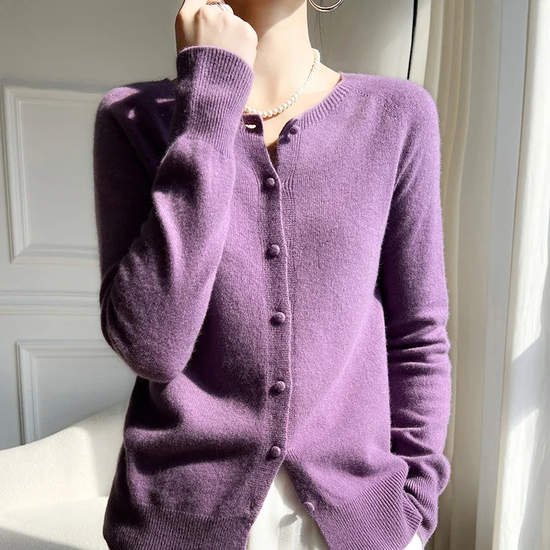 Women 100% Wool Cardigans Sweater Solid Casual Warm Outerwear Knitwear Tops 2024 Autumn Winter Women Clothing B1263018