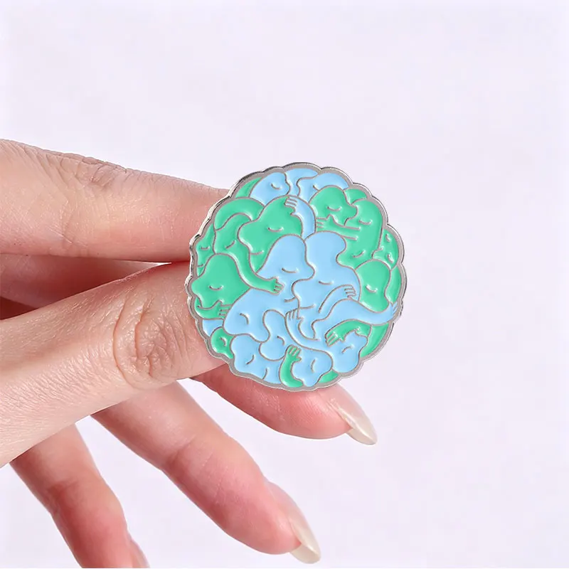 Hugging Souls Abstract Enamel Pin Mental Health Awareness Brooch Blue Green Intertwined Figures Lapel Badge Accessory