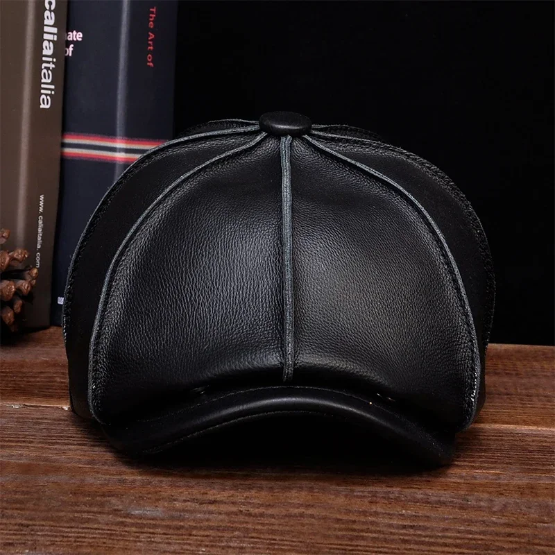 

Real Leather Hat Beret Men Autumn Winter British Retro Cowhide Octagonal Hat Winter Newsboy Painter Cap Coffee Boina Hombre