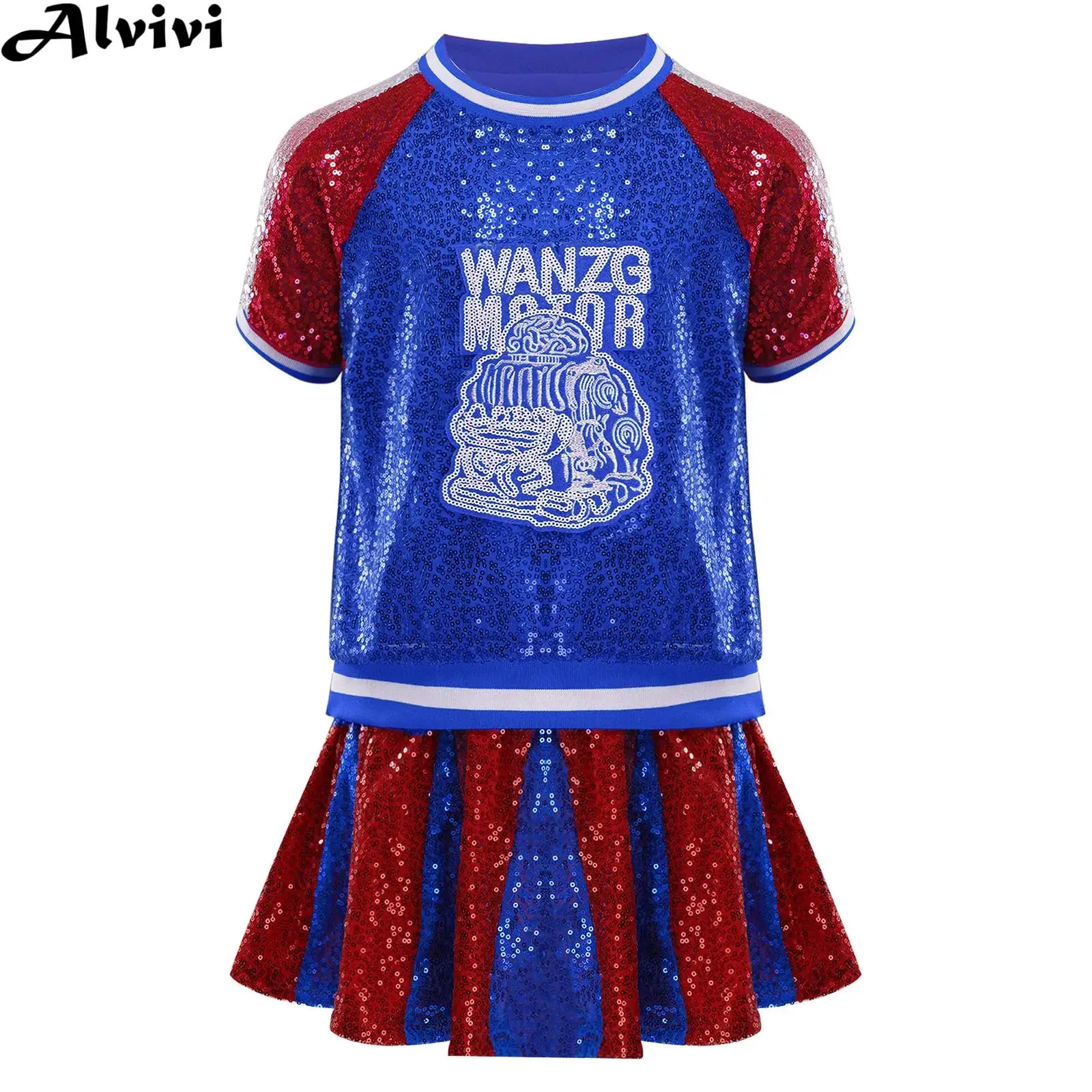 

Girls Sequin Jazz Dance Cheerleading Dancewear Short Sleeve Tops with Skirt Shorts Sport Meeting School Party Performance Outfit