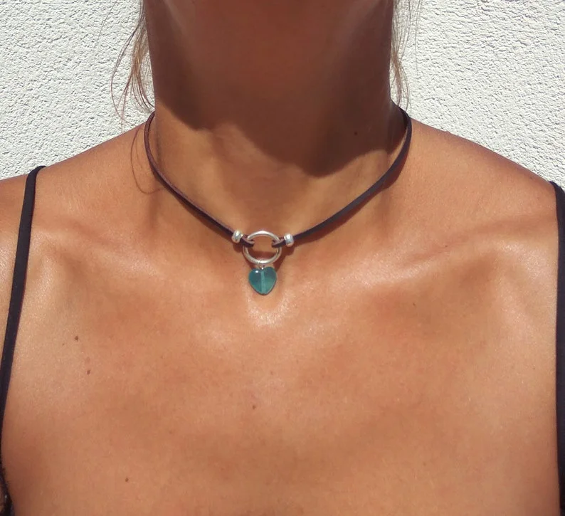 Silver Ring Choker Necklace, Heart Necklace for Women, Blue Quartz Gemstone Necklace, Leather Necklace, Quartz Necklac