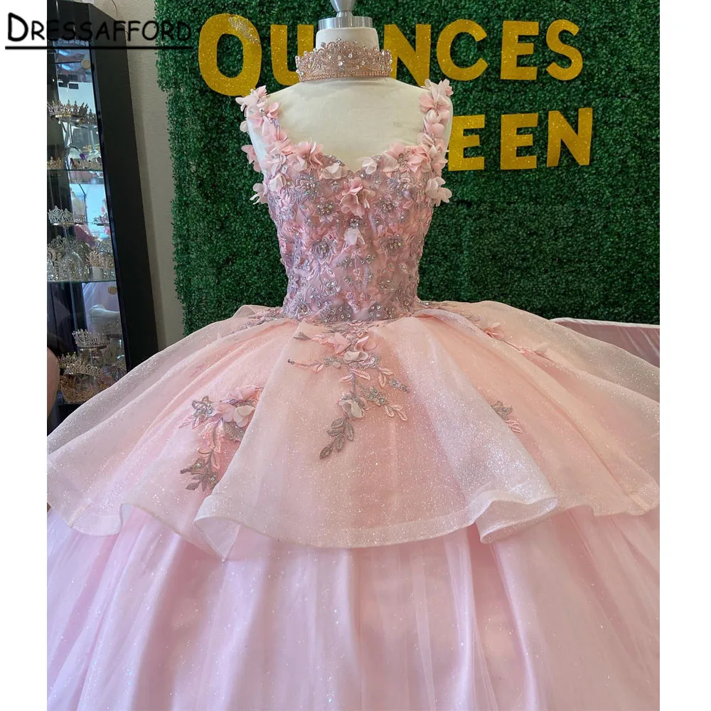 Pink Quinceanera Dresses Ball Gown Off Shoulder Puffy Sweet 16 Dress 3D Rose Flowers Celebrity Party Gowns Graduation