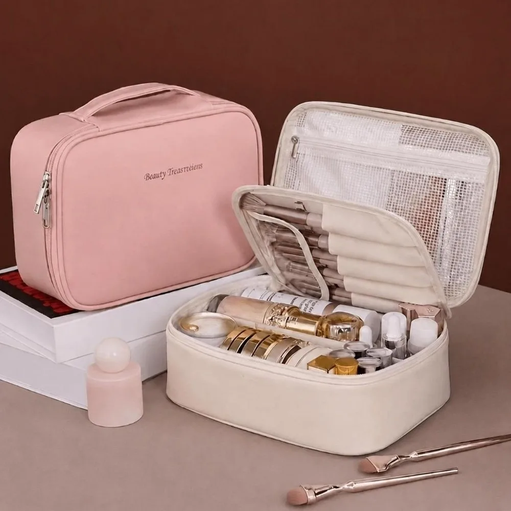 Portable Double Layer Cosmetic Bag Zippered Waterproof Makeup Bag Large Capacity Cosmetics Organizer
