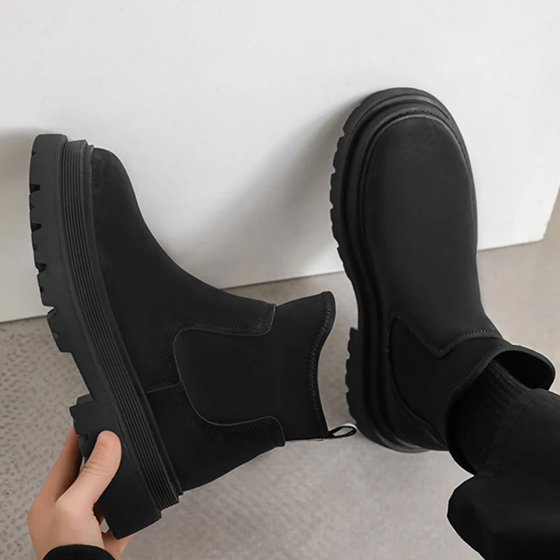 men's casual stage nightclub chelsea boots slip-on cow suede leather shoes cowboy platform ankle boot black stylish chunky botas