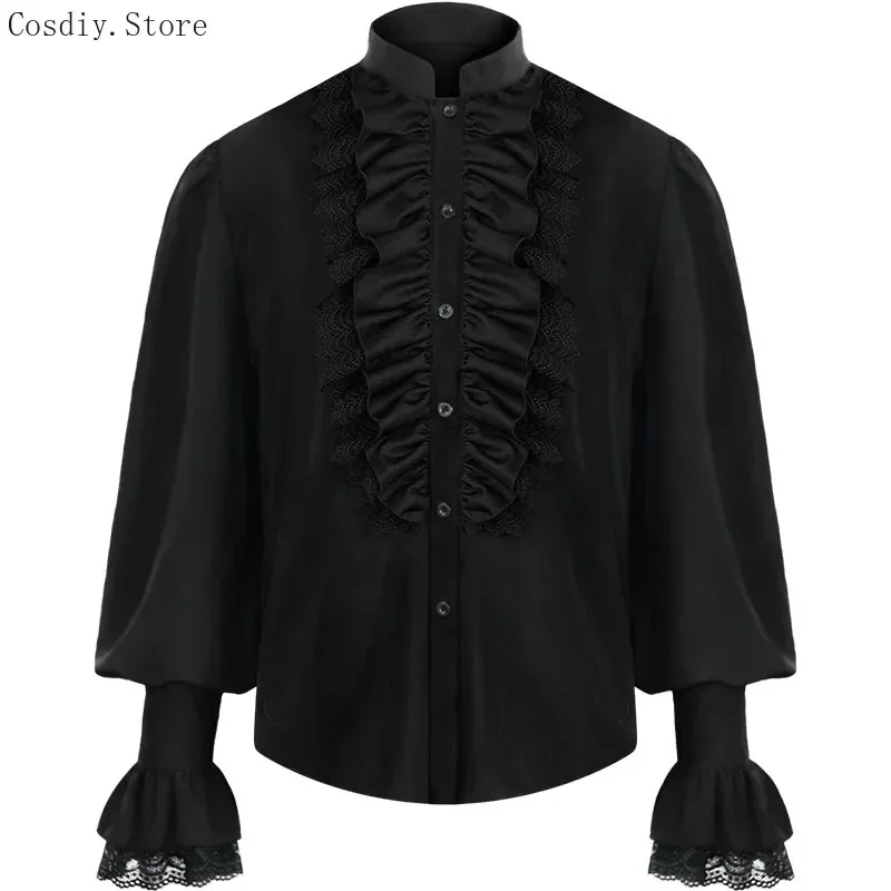 Nuevo 2025 camisa gótica Punk blusa con volantes de encaje disfraz de vampiro pirata de Halloween para hombre Victoria Jabot Tops renacentistas ★ ★ ★   jj.