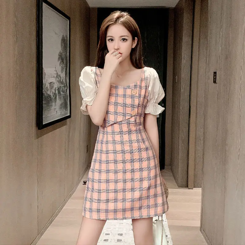 

Pink Chiffon Plaid Dresses Summer Women Sweet Puff Sleeve Cottagecore Dress 2023 Short Sleeve Square Collar Slim Waist bodycon