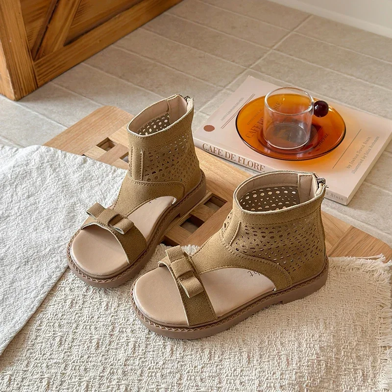 

Roman Style Ankle Wrap Sandals Women Hook and Loop 2026 Summer Beach Shoes Breathable Hollow Out Flat Footwear for Travel