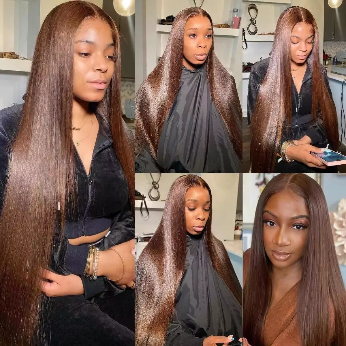 Picture 6: Chocolate Brown Human Hair 13x6 HD Lace Front Wig 200 Density Brazilian Remy Hair 13x4 Lace Bone Straight Pre Plucked Frontal Wig  40 42 Inches