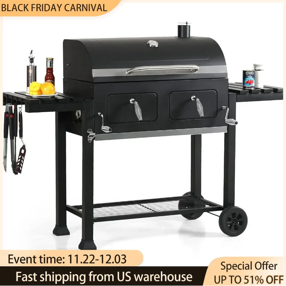 Charcoal BBQ Grill with Oversize Cooking Area(794 sq.in.), with 2 Individual Lifting Charcoal Trays and 2 Foldable Side Tables