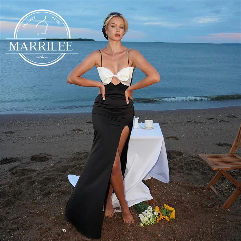 

Marrilee Beach Sexy Black Spaghetti Straps With Bow Stain Evening Dress High Side Slit Mermaid Sleeveless Floor Length Prom Gown