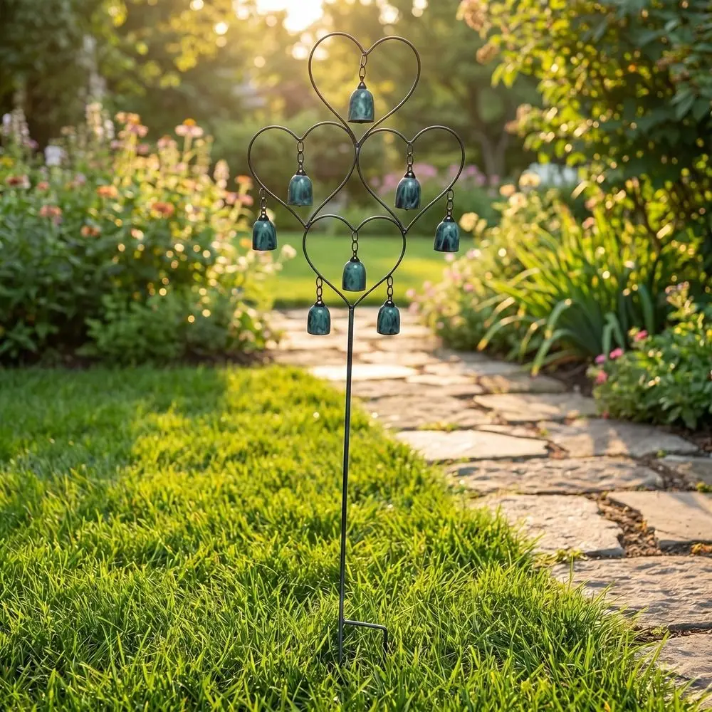Creative Heart-Shaped Metal Garden Stake Rustic Antique Finish Wind Chime Ground Plug Handmade Wind Chime Ornament Yard Decor