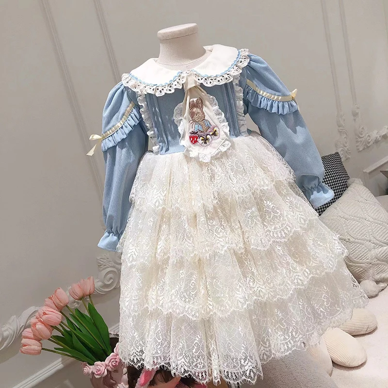 Spring New Girl's Lolita Dress Corduroy Lace Lapel Rabbit Embroidered Lace Cake Dress Girls EID Dress Boutique Handmade