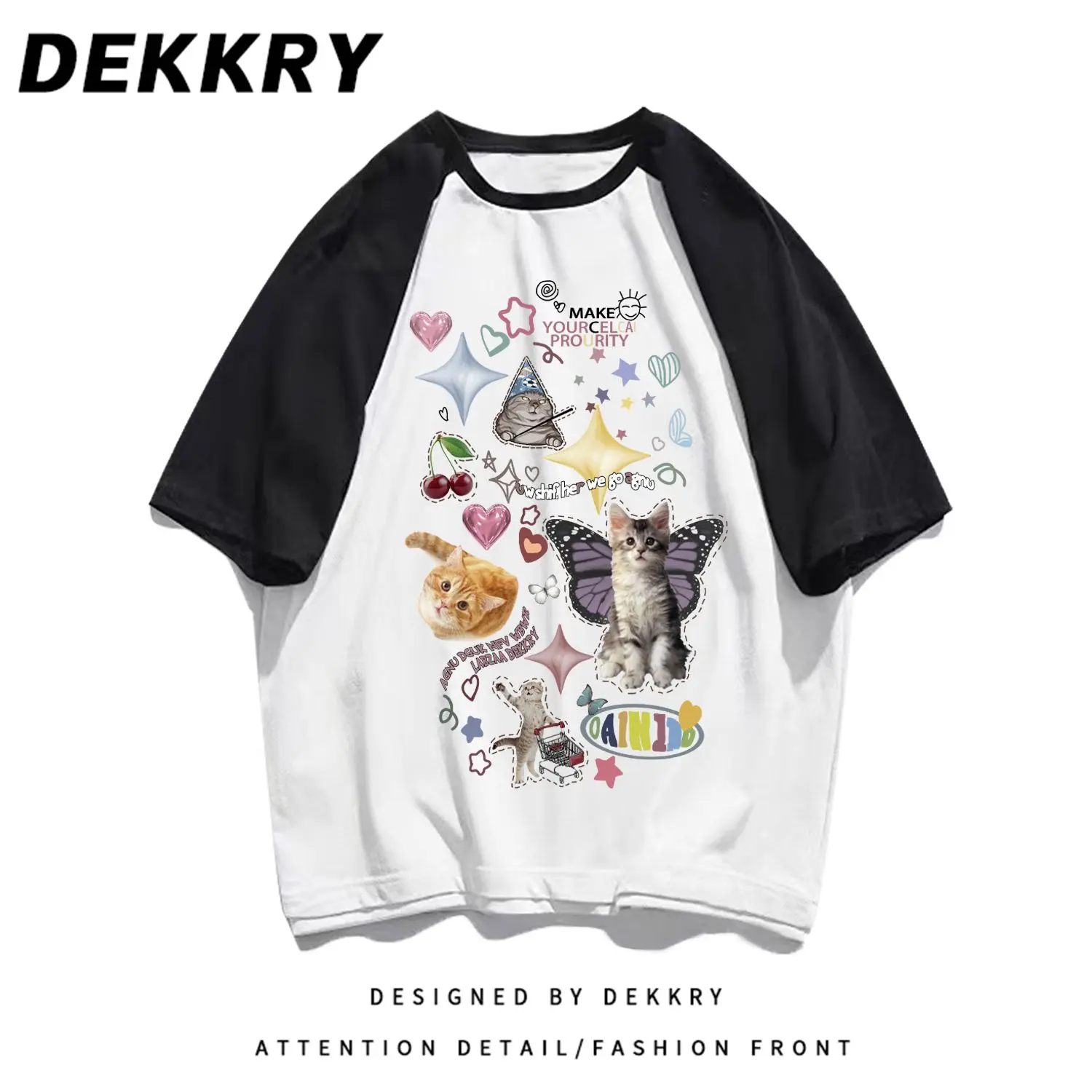 Vintage Cartoon Cats Animal Printing T Shirts Teenage Preppy Kawaii Tee American Style Summer Cotton Tops Korean Fashion Brand