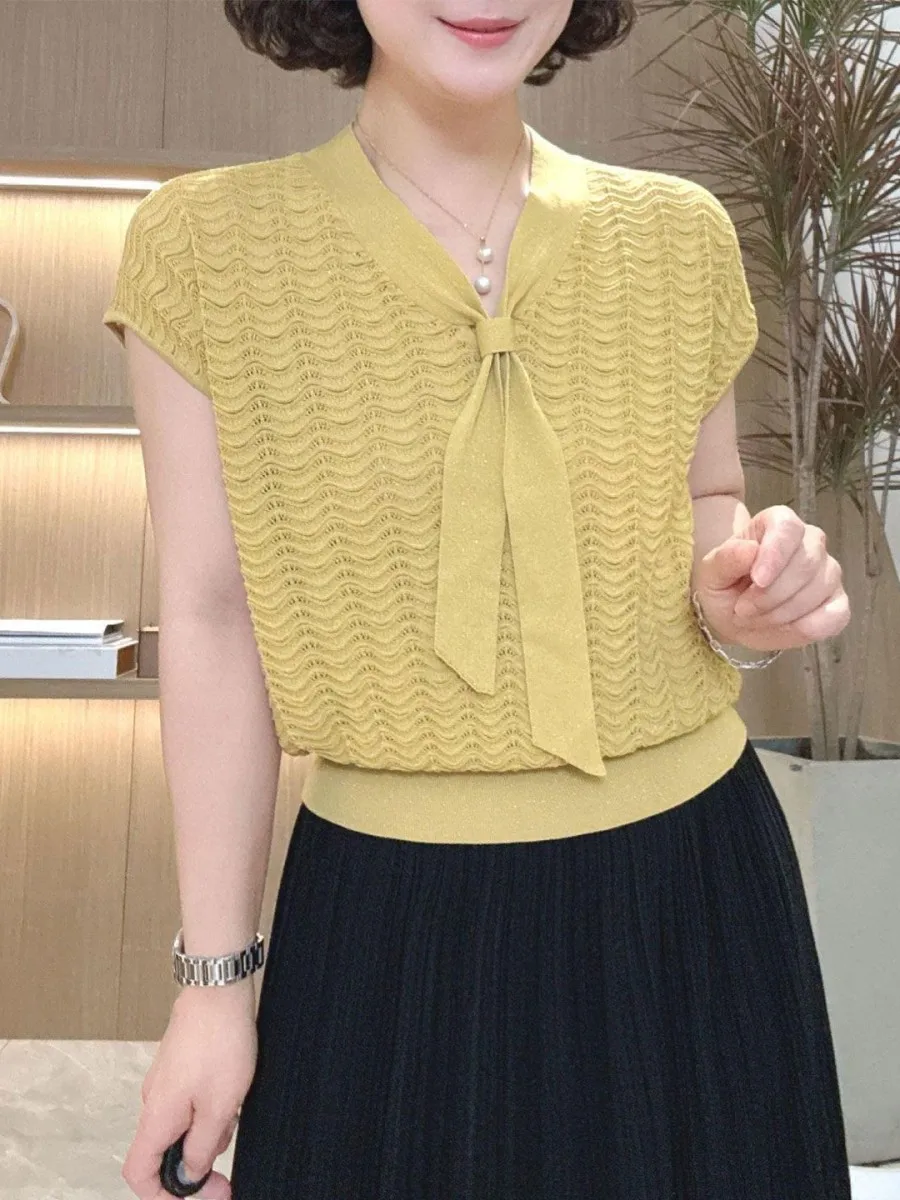 loose-short-sleeve-v-neck-knitted-top-women's-summer-new-style-t-shirt-casual-versatile-two-piece-set-comfortable-knitwear