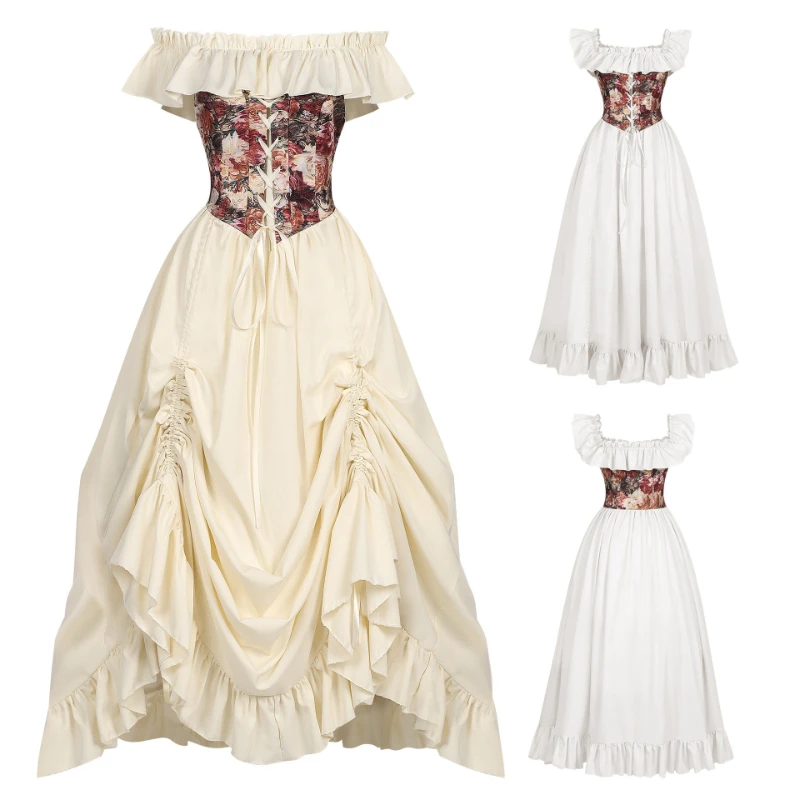 for Women, Floral Print Off Shoulder Ruffle Corset Gown Adjustable Drawstring Flowy Maxi Female Skirts Vintage Victorian Dress