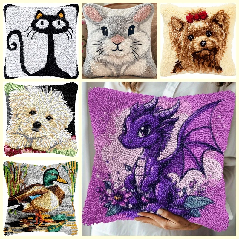 Kits de tapis à crochet de loquet dinosaure chat chien lapin, bricolage d'animaux, paquet de tampons de boutons, Smyrna klink haak, oreiller brodé, knooppakket