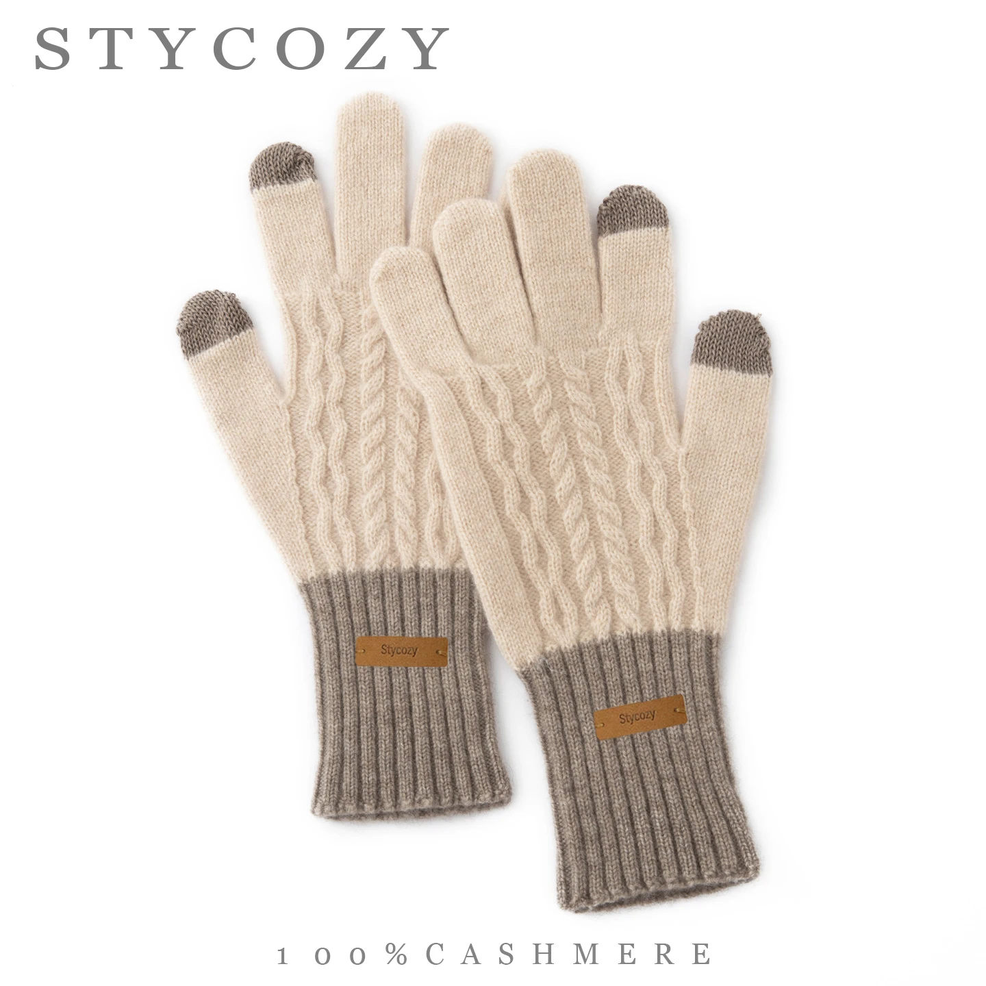 100% Cashmere Touchscreen Gloves Unisex Cable Knit Color Block Winter Warm Full Finger Knitted Mittens Outdoor Cycling Handwear