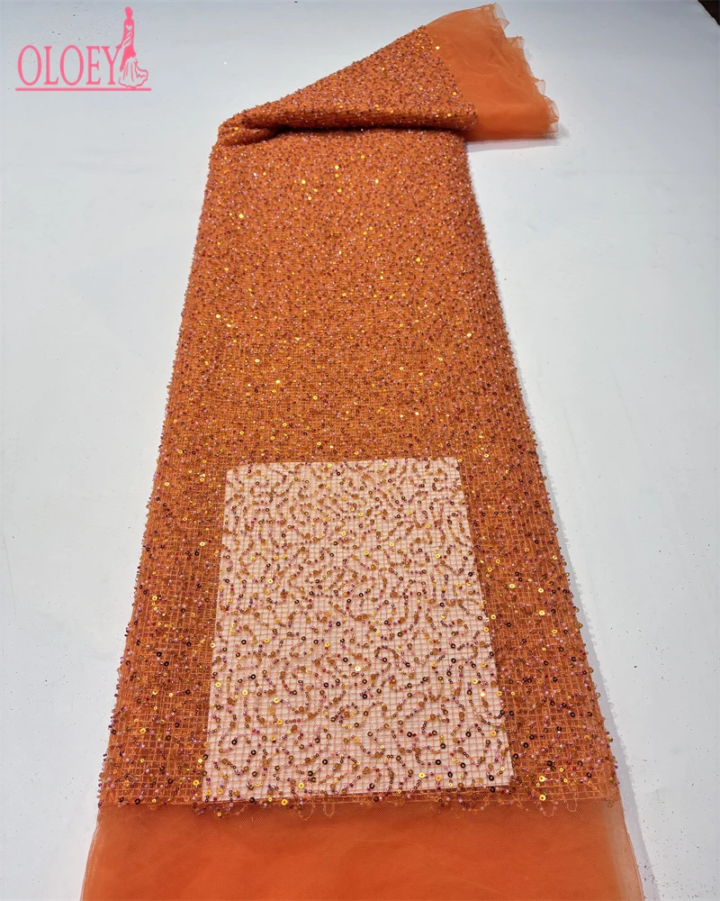 

OLOEY Newest Africa Lace Fabric High Quality White Handmade EMbroidery Beaded Net Lace with Shining Sequins Party wedding Dres