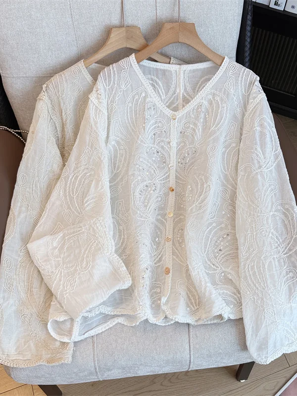 

Элегантная повседневная рубашка с тяжелой вышивкой и бисером, больших размеров, модная, универсальная, свободного кроя, летняя, с V-образным вырезом, с длинными рукавами, кардиган