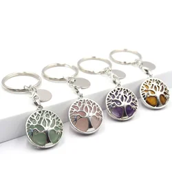 10pcs Natural Stone Keychain Hollow Tree of Life Tiger Eye Healing Rose Quartz Crystal Key Ring Chain Keyring