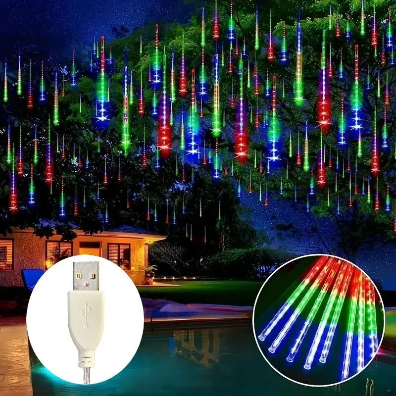 

USB Plug Meteor Shower String Lights 8 Tube Holiday Outdoor Lighting Garden Yard Raindrop Lights Christmas Decoration