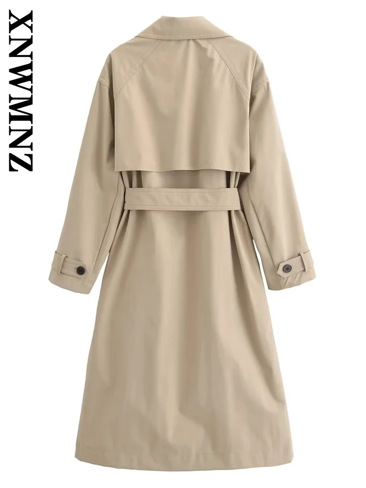 XNWMNZ Woman 2024 New Autumn/Winter Vintage Notched Collar Double-breasted Long Sleeve Trench Female Casual Solid Color Top Coat