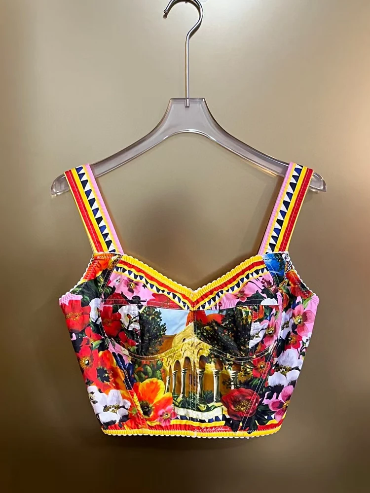 Architectural landscape print sexy strapless two-piece halter set 2025 spring women's new + high-waisted pleated loose skirt set