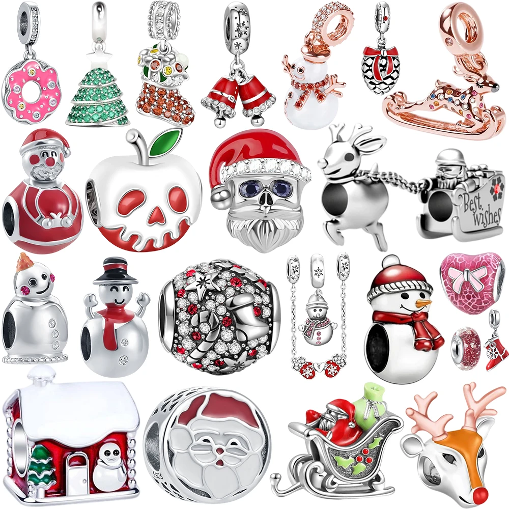 Christmas Santa Claus Snowman Reindeer Tree Bell Charms Beads Dangle Pendant Fit Bracelet Necklace DIY Women Jewelry Xmas Gift