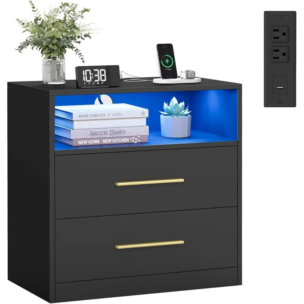 

23.6 Inch Wide Modern Nightstand with Charging Station, LED Lights, Open Shelf, 2 AC Outlets & USB Ports, Ink Black