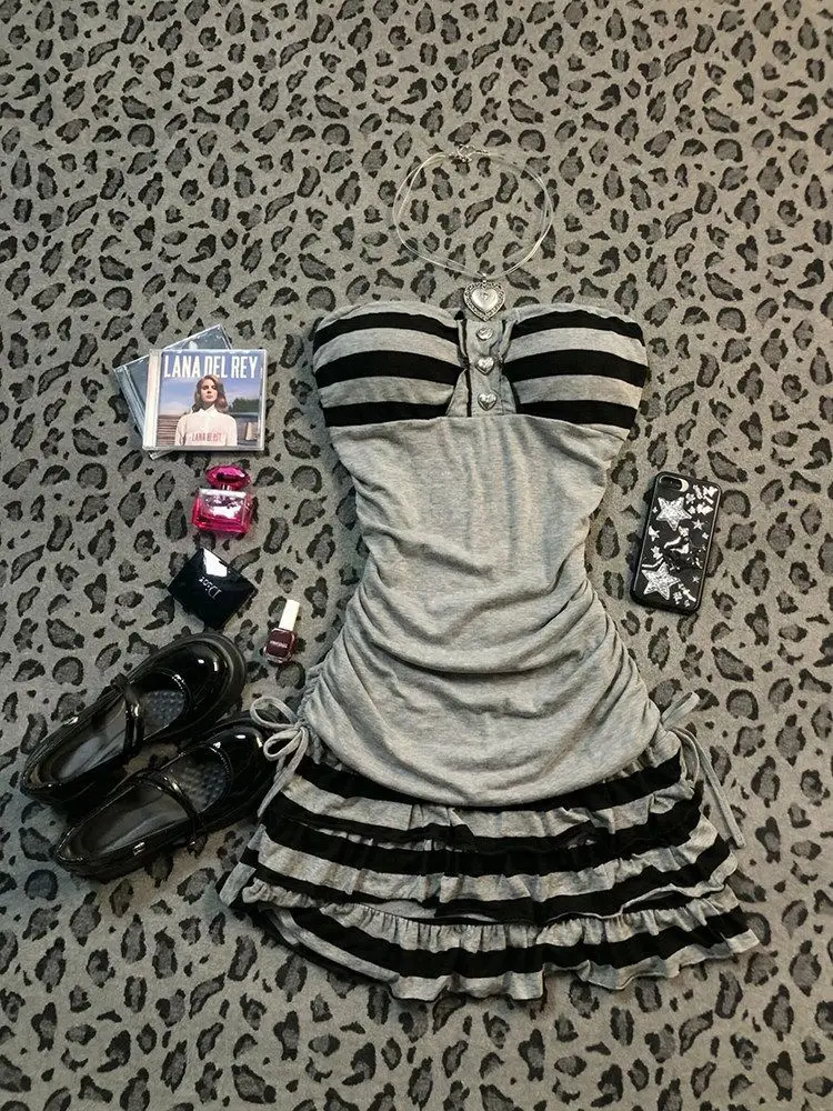 Gray Stripe Draw Rope Thin Breast Dress Summer Female Feeling Hot Girl Fit Wear A Line Skirt High Street Fashion Versatile Y2K