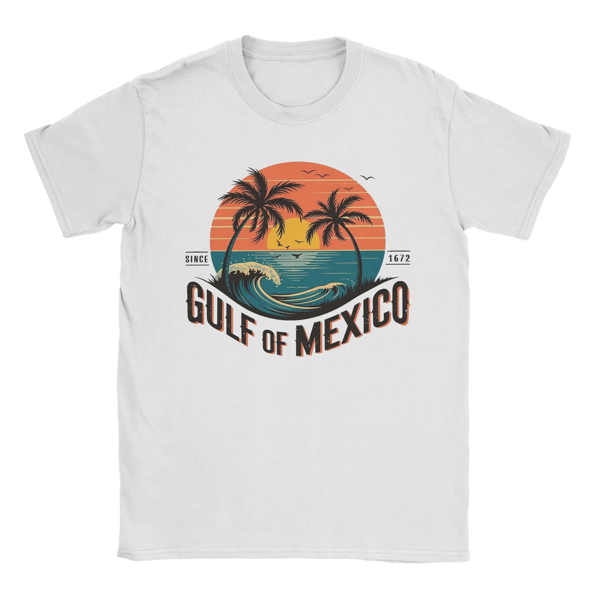 Men's Gulf of Mexico Retro Beach Sunset Palm Trees Ocean T Shirt  Cotton Clothing Short Sleeve O Neck Tees Printed T-Shirts