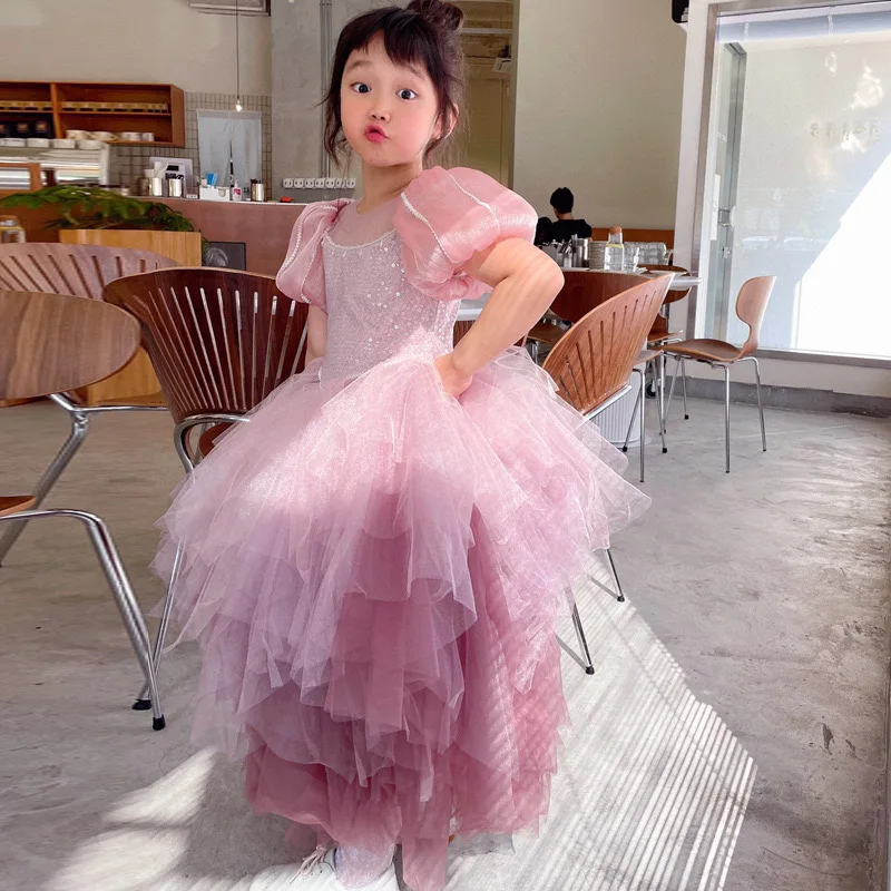 Luxury Sequin Lace Flower Girl Wedding Evening Bridesmaid Dress Formal Occasion Children Graduation Clothes Performance Costumes