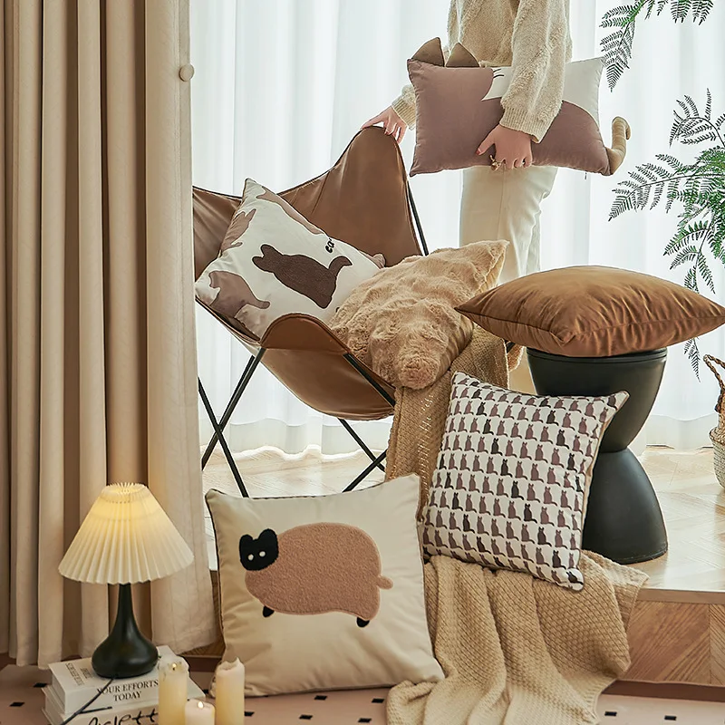 Creamy Coffee Cat-Pattern Pillow Cover Applique Embroidered Lumbar Pillowcase Sofa Back Cushion Cover