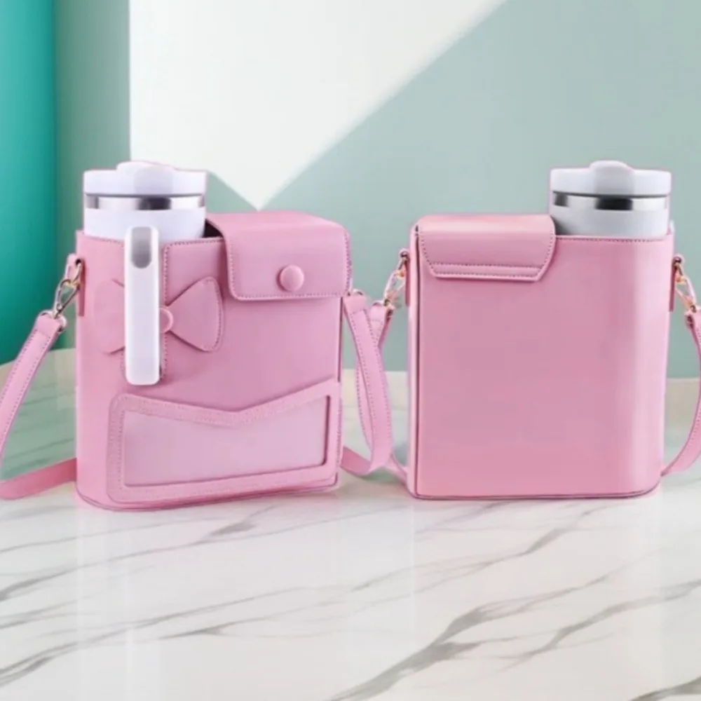 Crossbody Water Bottle Storage Bag PU Leather Large Capacity Travel Cup Holder Adjustable Shoulder Strap Cup Sleeve Pouch