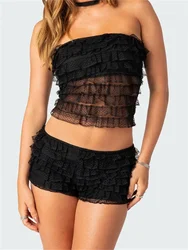 CHRONSTYLE Women Layered Ruffles 2 Piece Summer Outfits Lace Mesh See Through Off Shoulder Tube Tops Shorts Club Streetwear 2024