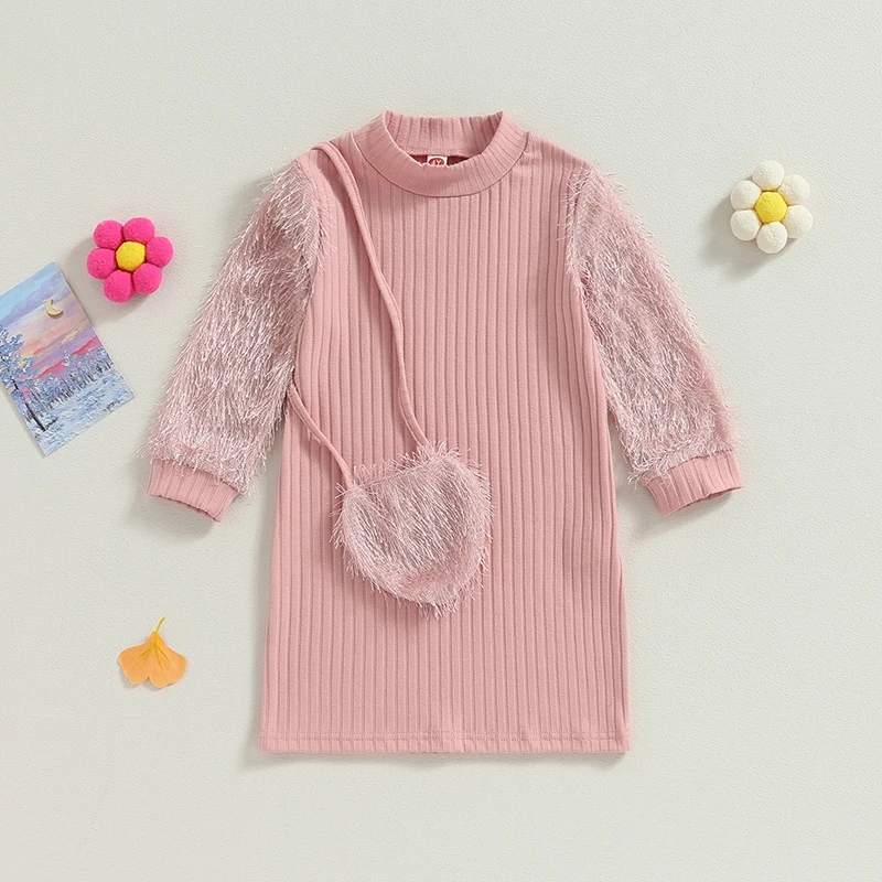 3-7Y Kids Girl Fall Ribbed Dress Solid Color Plush Long Sleeves Party Dress and Shoulder Bag Set for Toddler Spring Clothes