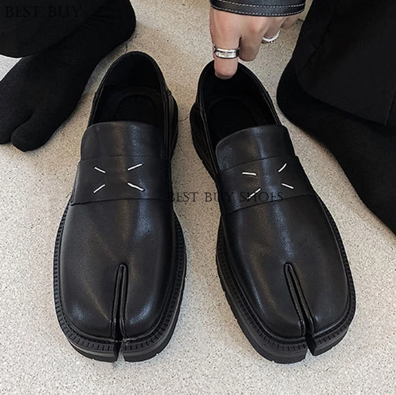 Luxury Brand women men Split Toe Shoes Black Glossy Leather Shoes Chunky Platform Loafers Wedding Office Business Lady Shoes 45