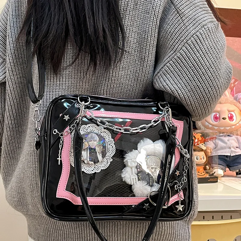 Japanese Harajuku Itabag Women With Metal Chain Clear Transparent PVC Crossbody Bags DIY PU Leather Shoulder Bag Tote Handbags view 2