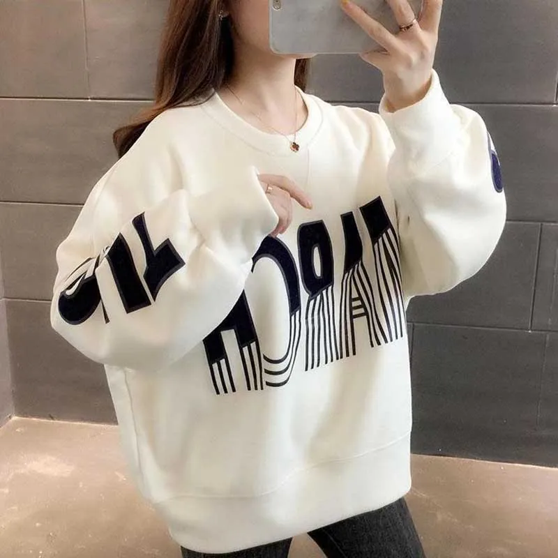 Fashion O-Neck Loose Printed Letter Sweatshirts Female Clothing 2024 Spring New Oversized Casual Tops All-match Sweatshirts