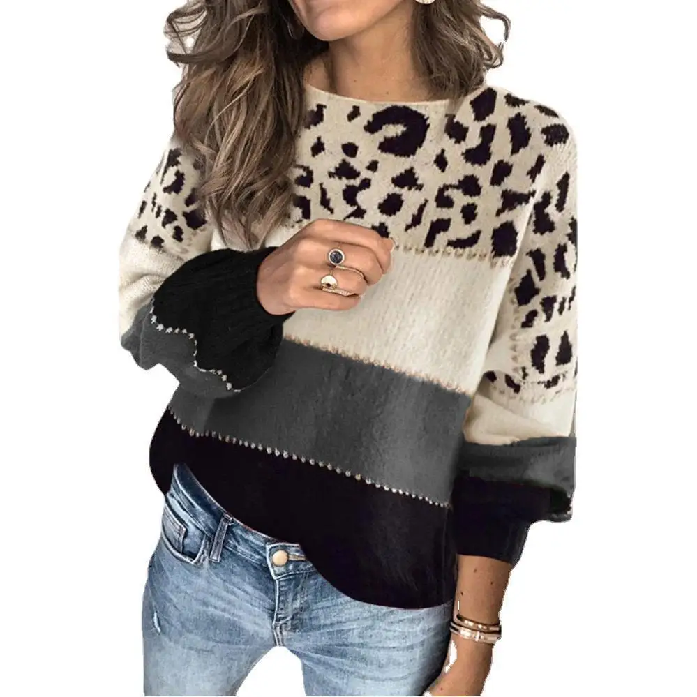 2024 Autumn Winter Women Knitted Sweater Elegant Fashion Contrast Color Long Sleeve O Neck Loose Sweater Female Leopard Pullover