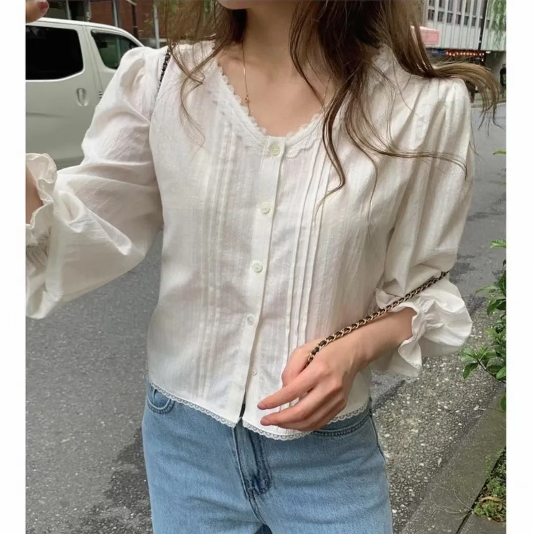 

Женский хлопок irt V-ne с кружевной отделкой ort Sve Long Sve Spring Summer New Sle Simple Elegance Универсальный хлопковый материал