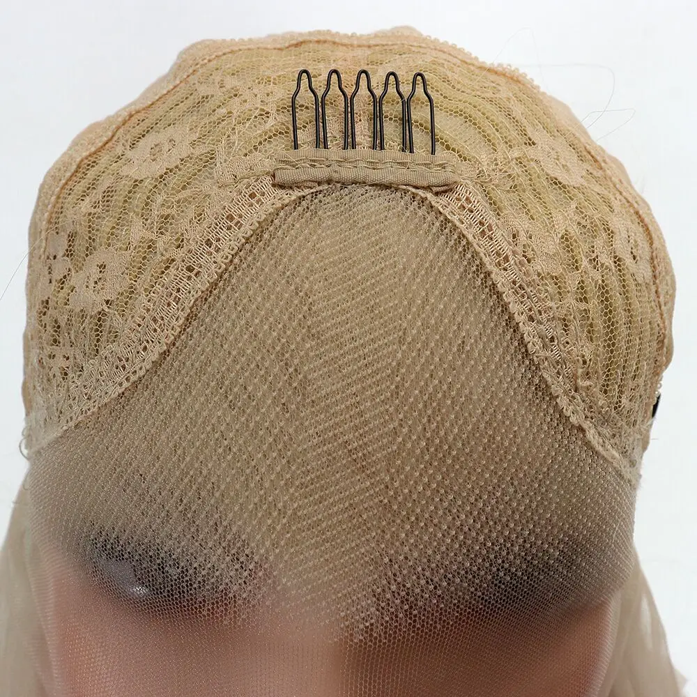 Peluca de cabello humano ondulado transparente para mujer, pelo sintético mezclado con malla frontal, color rubio miel