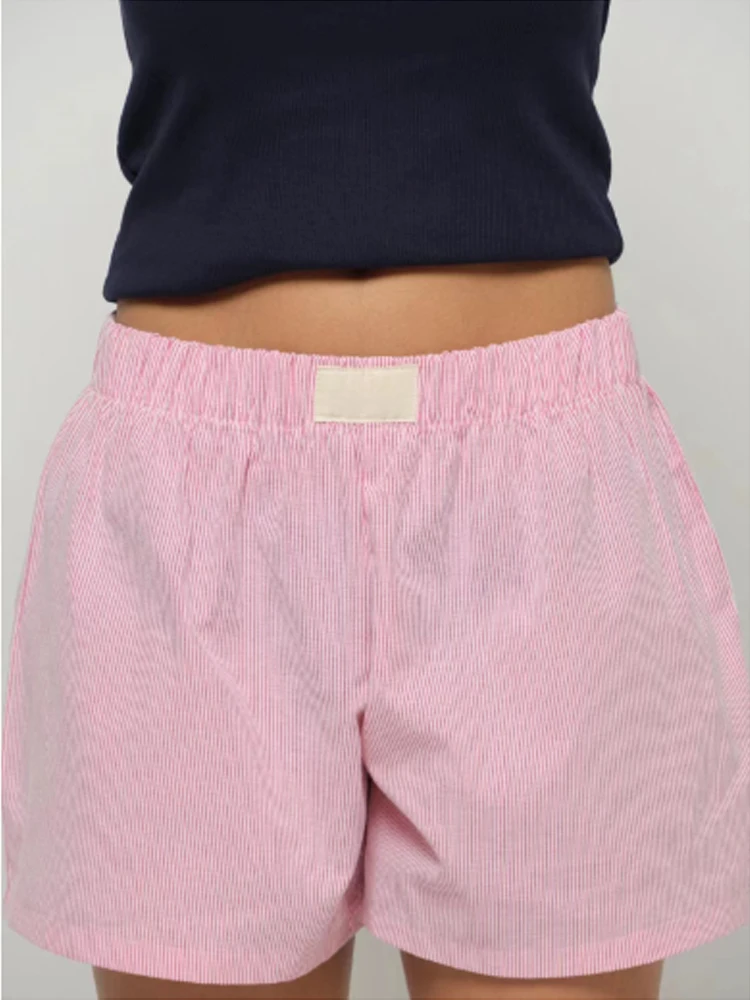 Calção reta listrada rosa feminina, cintura elástica, calça curta casual, calça de algodão doce menina, roupa interior para casa das irmãs, verão Y2k