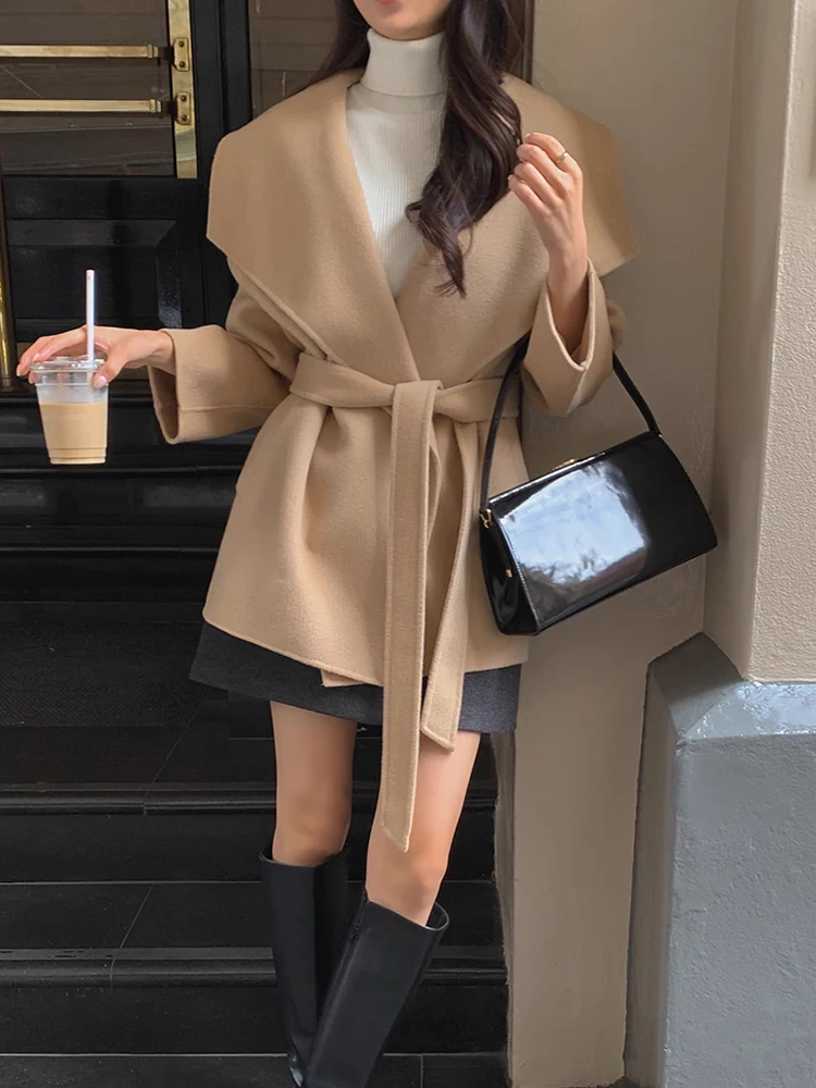 

Clothland Women Elegant Woolen Jacket Open Stitch Long Sleeve Sashes Long Sleeve Loose Thick Female Office Wear Coats CB189